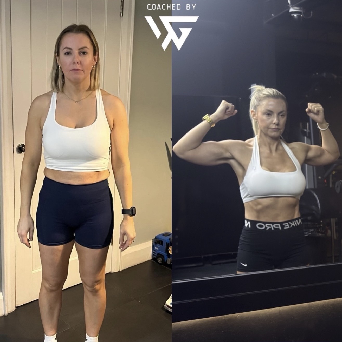 Female client transformation showing progress before and after coaching