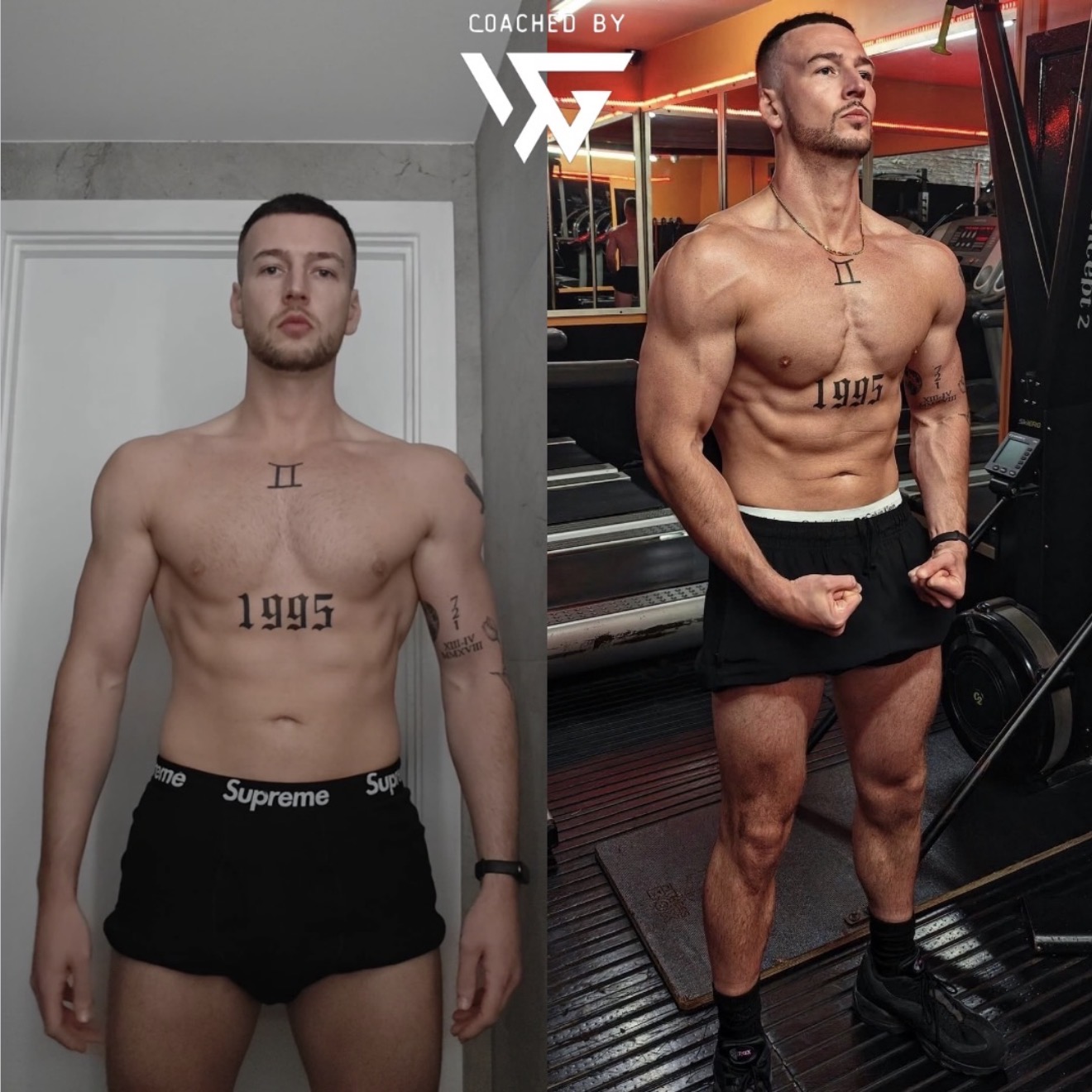 Male client transformation showing progress before and after coaching