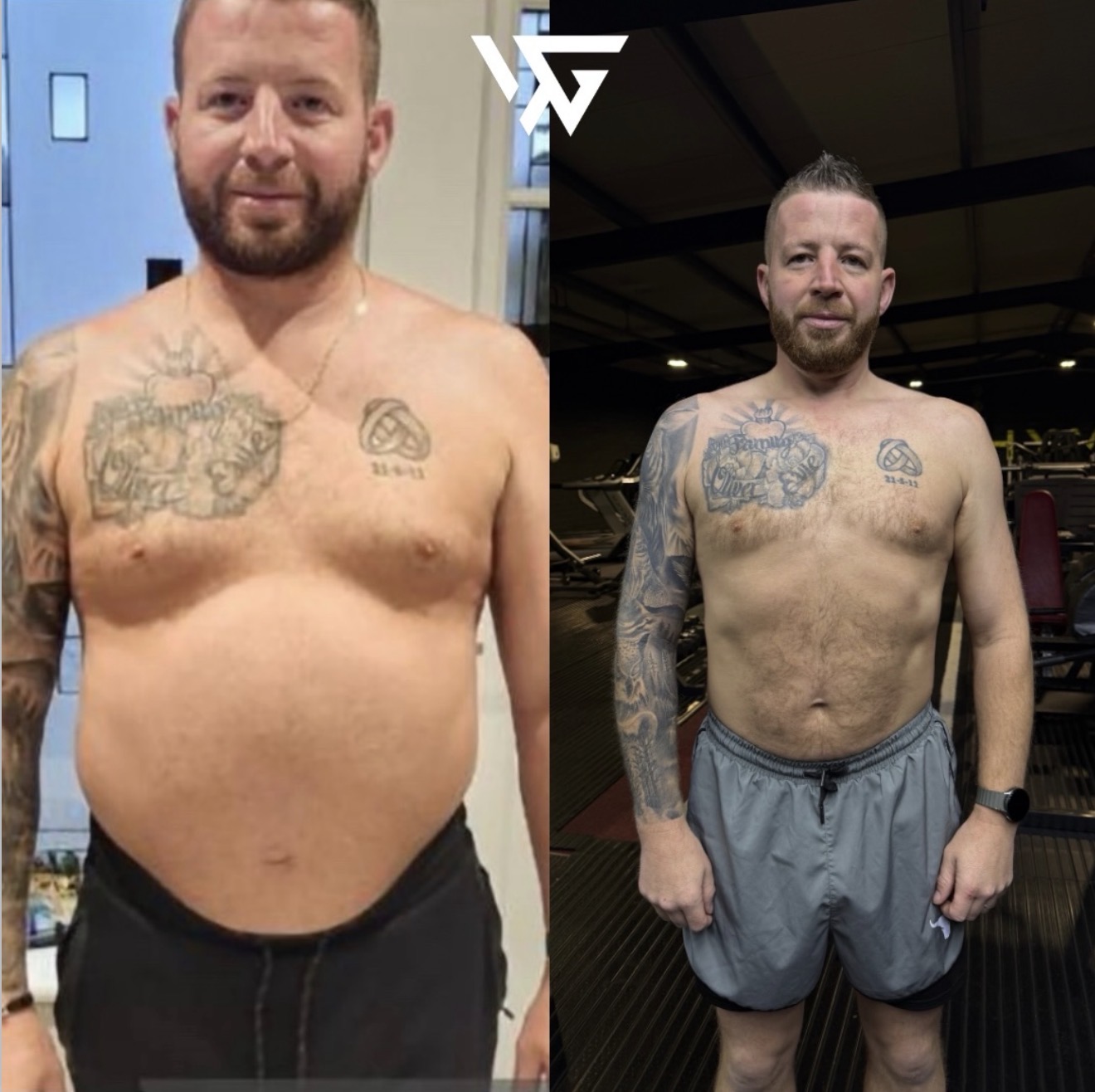 Male client transformation showing progress before and after coaching