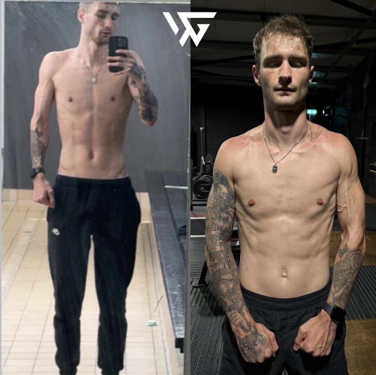 Male client transformation showing progress before and after coaching