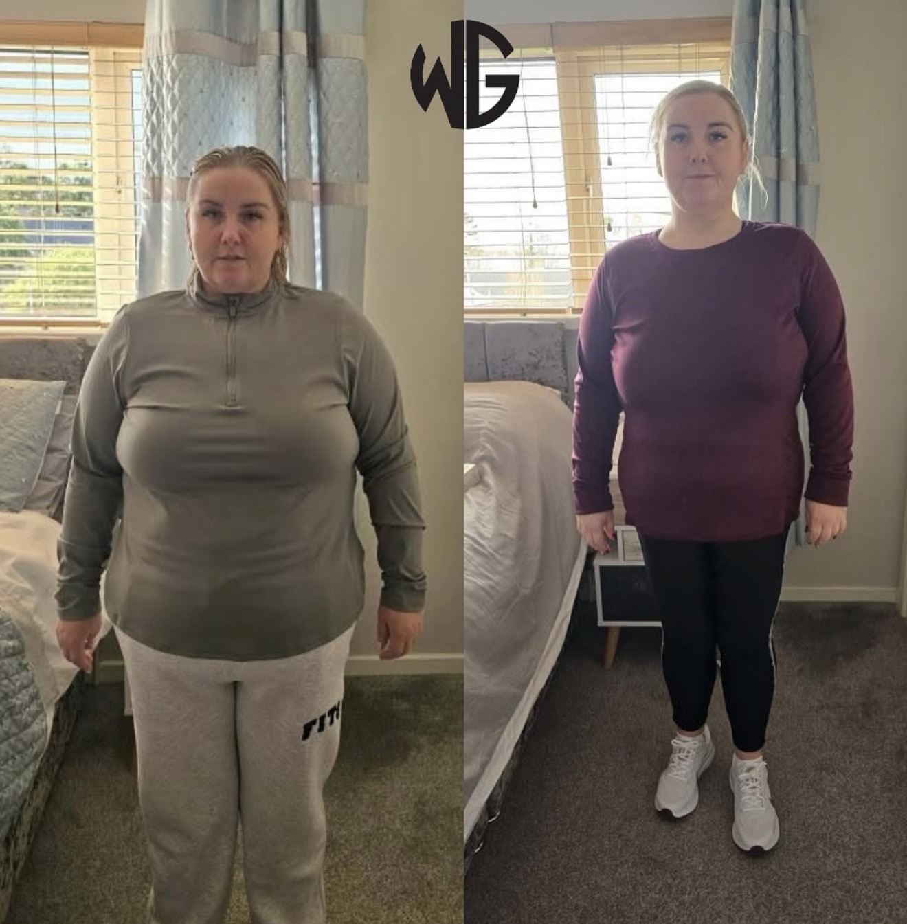 Female client transformation showing progress before and after coaching